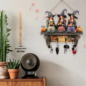 Halloween wooden wall hanging key holder 2D flat decorative witch pumpkin hook rack
