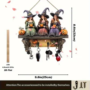 Halloween witches wooden key holder wall decor with hooks and pumpkin accents 9.8x8.6in