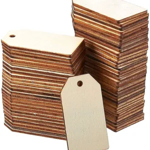Tranches de bois brut étiquettes en bois vierges avec trous pour loisirs créatifs et peinture.