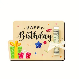 Wooden birthday cash holder gift card with gift box illustrations and ribbon bow for cash.