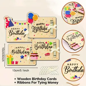 Wooden Birthday Cards Money Holder Cash Gift Wooden Birthday Card with Ribbons 13x10cm