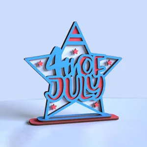 Houten 4 juli ster tafelstuk, rood wit blauwe patriottische decoratie voor feestdag.