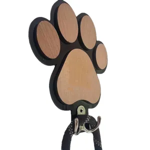 Wooden paw print wall hook with metal double hooks, cute pet decor for home, towel and key holder.