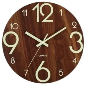 8-inch luminous wood grain wall clock, silent glowing fluorescent numbers for home decor.