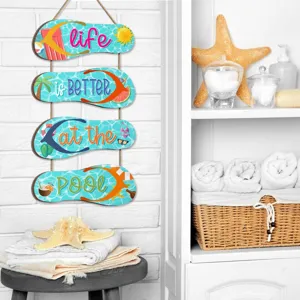 Wooden flip-flop wall hanging sign, summer pool themed hanging decor for home and beach.
