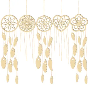 Wooden hollow dream catcher hanging ornament set with feather pendants, main front view.