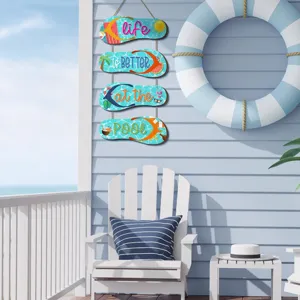 Wooden summer pool flip flop hanging sign wall decor for home porch patio beach house style