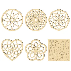 Wooden laser cut dream catcher parts, geometric hollow circles and feathers DIY craft blanks.