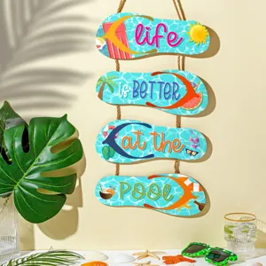 Wooden summer pool hanging sign wall decor, flip-flop shaped wooden plaques with tropical designs.