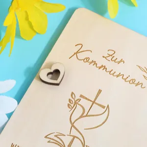 Wooden First Communion gift plaque with laser engraved cross design and heart detail.
