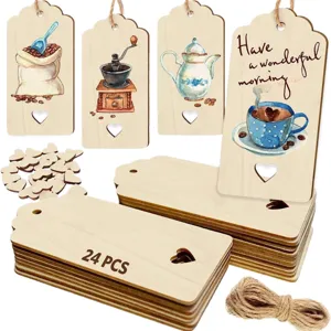 24 Stk. unfertige Holzetiketten mit Kaffee Aquarell Drucken und Juteschnur DIY.