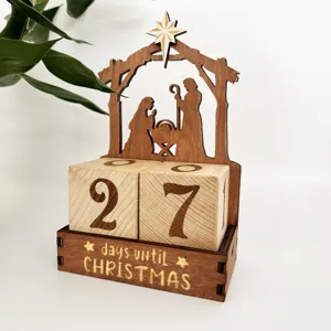 Wooden Christmas countdown calendar ornament with Nativity scene and blocks for holiday decor.