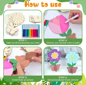 Detalle de instrucciones paso a paso para pintar y ensamblar manualidades de flores.