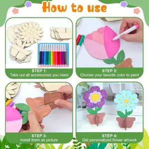 Set de pintura de flores de madera DIY para ninos con rotuladores para juguete creativo.