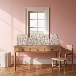 Wooden MAMA letter table decor featuring delicate floral cutouts in a chic aesthetic setting.