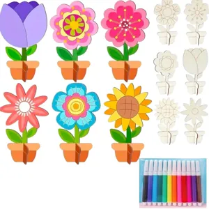Kit de manualidades de pintura de maceta de madera DIY para niños con marcadores de colores.