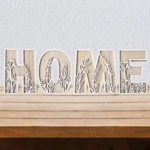 Wooden Decorative Carved Letter Desktop Ornament Hollow Floral Pattern Natural Wood Style Home Office Decor Gift