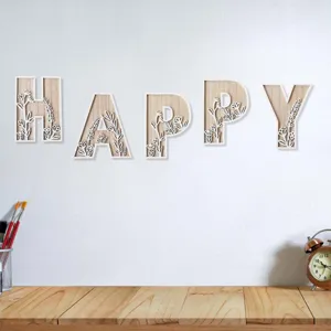 Wooden decorative letters spelling HAPPY with carved white floral patterns for wall and desk decor.
