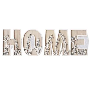 Wooden decorative HOME letter sign with carved floral patterns for desktop home decor.