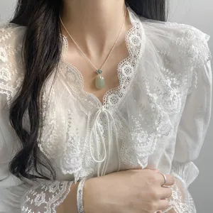 S925 Sterling Silver Pendant Only (Without Chain) Oval Green Jade Thai Silver Retro Auspicious Cloud New Chinese Style Jewelry For Women