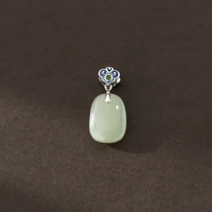 S925 Sterling Silver Green Jade Pendant Retro New Chinese Style Oval Gemstone Jewelry
