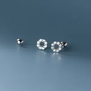 Silver diamond paved round stud earrings minimalist geometric sterling silver jewelry
