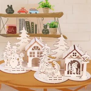 Weihnachts-Holz-Desktop-Ornament 3D-Puzzle DIY Schneemann Weihnachtsbaum Haus Dekoration Details