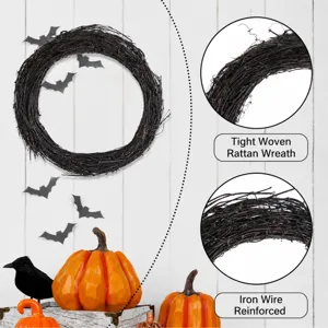 Halloween Rattan Kranz Detail zeigt kompaktes Rebengeflecht und stabile Drahtbefestigung.