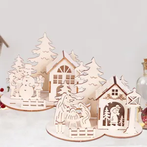 Weihnachts Deko Holz Desktop 3D Puzzle Weihnachtsbaum Schneemann Holzhaus Detail Ansicht