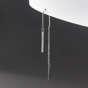 Boucles d'oreilles fil en argent sterling pendentif barre pavée longue pampille élégantes