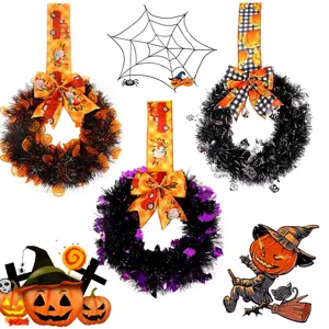 Halloween tinsel wreath hanging decoration with bows and pumpkins for door party decor