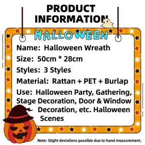 Halloween wreath detail showing size and material specifications for party decor setup.