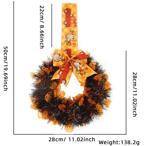 Halloween tinsel wreath with bow and ribbon, perfect for door decoration and holiday party props.