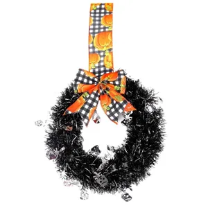 Halloween black tinsel wreath with pumpkin bow hanging ornament for party door decoration
