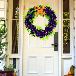 Halloween tinsel wreath with orange bow pumpkin decoration for holiday party door hanging ornament