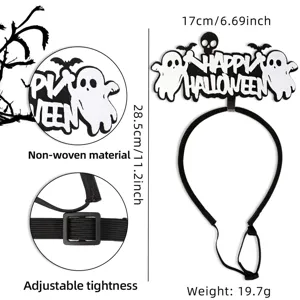 Dettaglio cerchietto Halloween per animali, design fantasma teschio con cinghia regolabile.