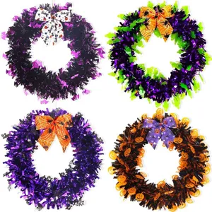 Halloween tinsel wreath decoration with pumpkins and ghosts for party holiday hanging ornament