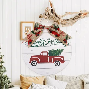 Panneau suspendu de Noël en bois avec camion rouge et nœud en toile de jute déco.