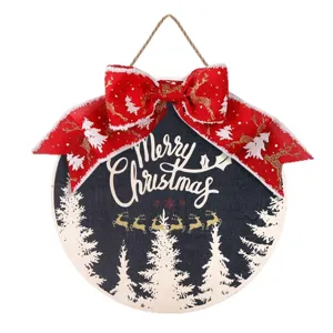 Plaque suspendue ronde en bois de Noël avec nœud rouge et texte Merry Christmas fête