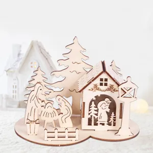 Hölzerne Weihnachten Tischdekoration 3D Puzzle Schnee Haus Baum Feiertag Ornament Display
