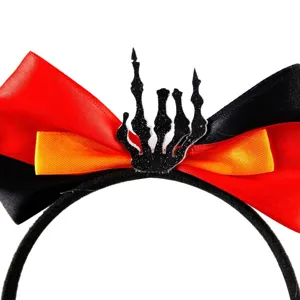 Diadema de Halloween con lazo rojo y negro y mano de esqueleto con purpurina para fiesta.