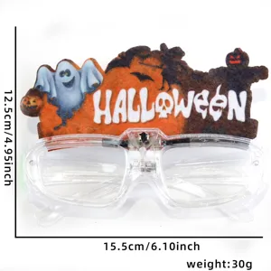 Halloween LED glowing glasses detail view featuring ghost felt topper and sizing info.