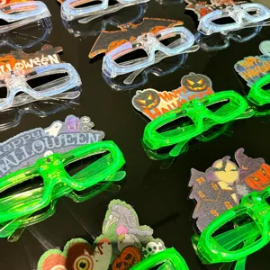 Halloween flashing LED glasses with spooky party cards, colorful light-up plastic party frames.