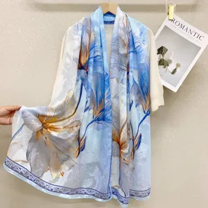 Elegant blue floral print long scarf, lightweight spring and summer fashion shawl for women.