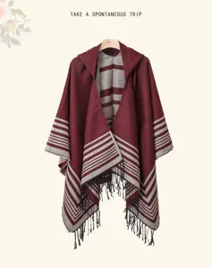 Mujer capucha invierno poncho con flecos vintage etnico rayas chal calido capa ropa
