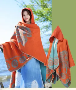 Ethnic style women hooded knit shawl cape, vintage floral pattern warm poncho scarf for travel.