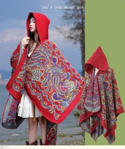 Women autumn winter hooded knitted cape vintage paisley pattern warm poncho shawl 1pc