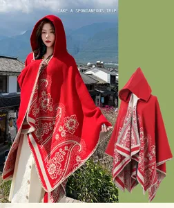 Ethnic style red hooded cape detail, warm thickened shawl with vintage pattern for travel wear.