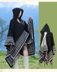 Mujer Negro Poncho con Capucha Invierno Calido Flecos Chal Casual Capa Abrigo Poncho
