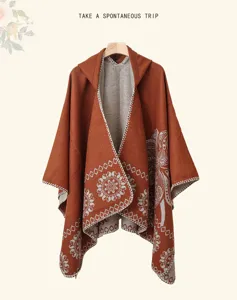 Women hooded knitted poncho shawl, rust red ethnic style winter warm cloak for daily wear.